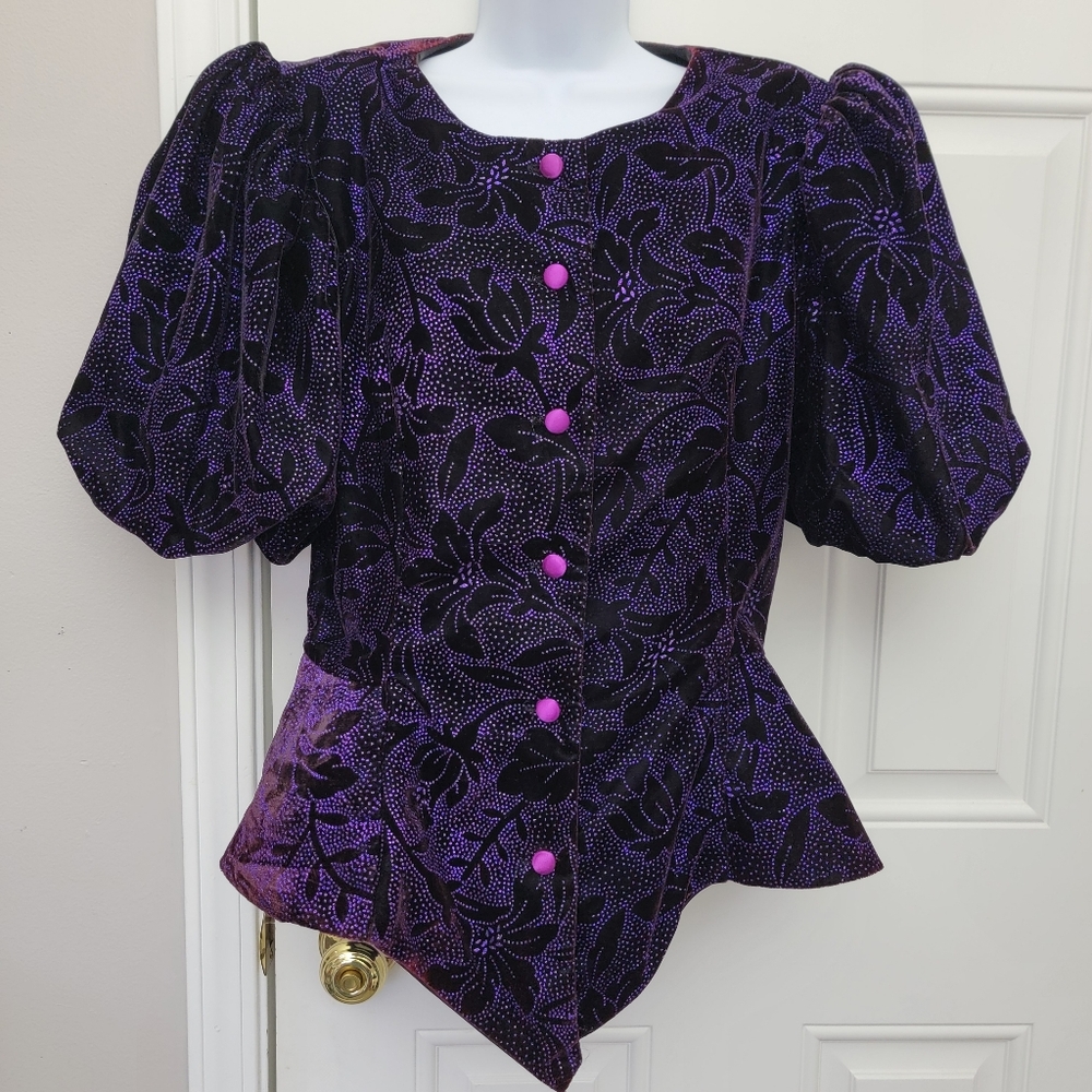 Vintage 80s Glam Evenings by Pantagis Puff Sleeve Glitter Top Pink Buttons 14